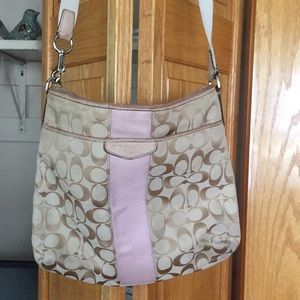 Coach crossbody purse. Tan w/ pink middle stripe